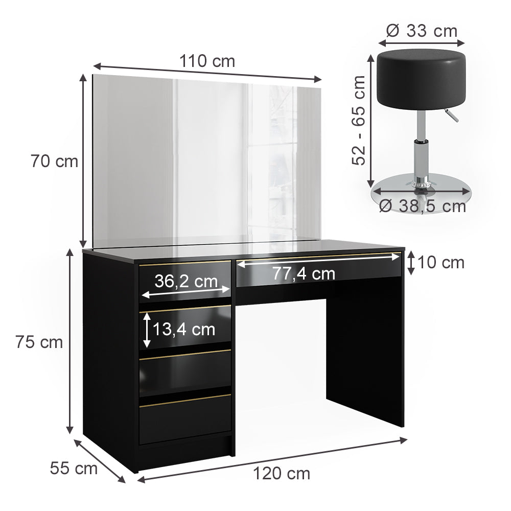 Vicco Tavolino da toilette Nero/oro 120 cm con specchio LED e sgabello