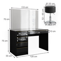 Vicco Tavolino da toilette Nero/oro 120 cm con specchio LED e sgabello