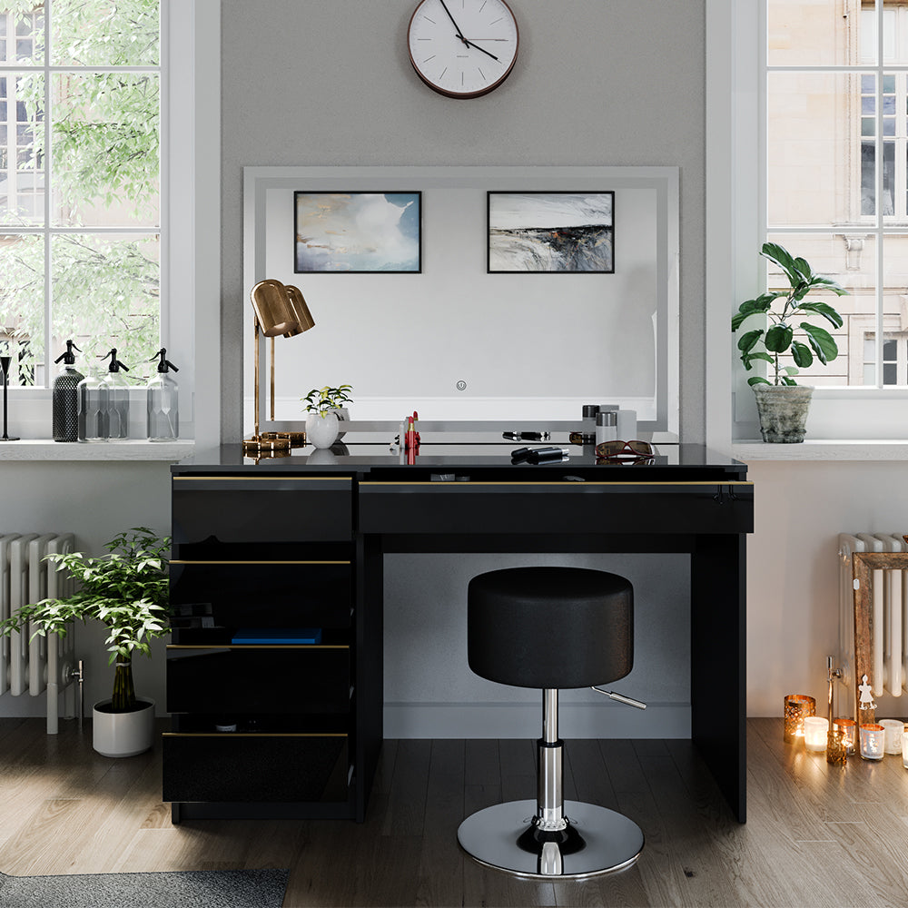 Vicco Tavolino da toilette Nero/oro 120 cm con specchio LED e sgabello