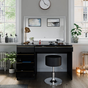 Vicco Tavolino da toilette Nero/oro 120 cm con specchio LED e sgabello