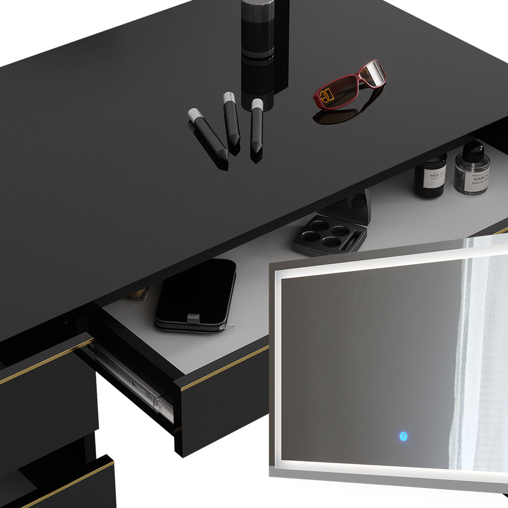 Vicco Tavolino da toilette Nero/oro 120 cm con specchio LED e sgabello