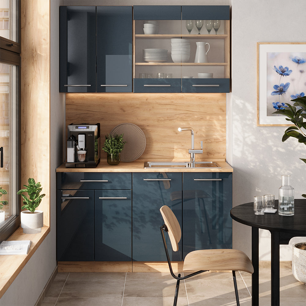 Vicco Cucina singola Blu scuro lucido/rovere dorato 140 cm , PL Marmo