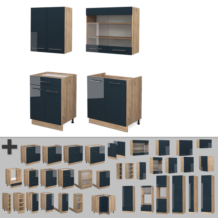 Vicco Cucina singola Blu scuro lucido/rovere dorato 140 cm , PL Marmo