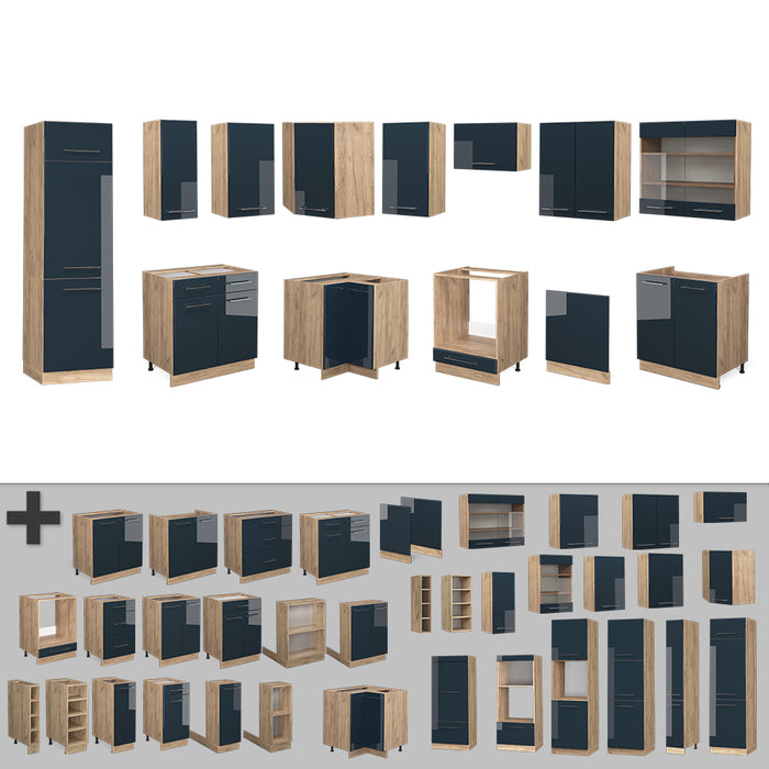 Vicco Mobili da cucina Blu scuro lucido/rovere dorato 287 x 58.1 cm senza piano di lavoro