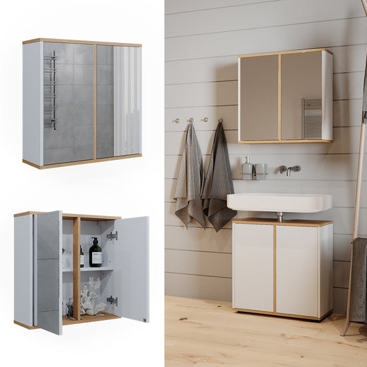 Vicco Specchio contenitore bagno Bianco/Artisan 60 x 60 cm con due porte a specchio