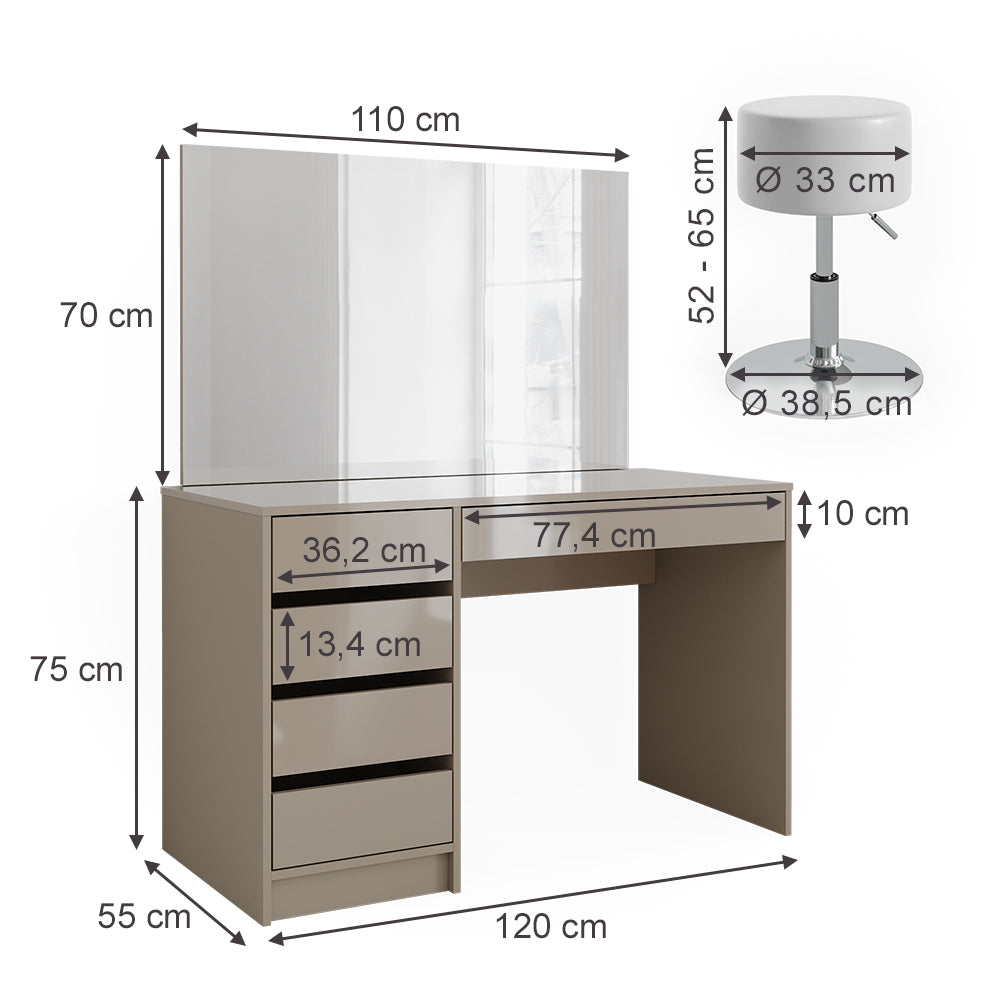Vicco Tavolino da toilette Grigio 120 cm con sgabello