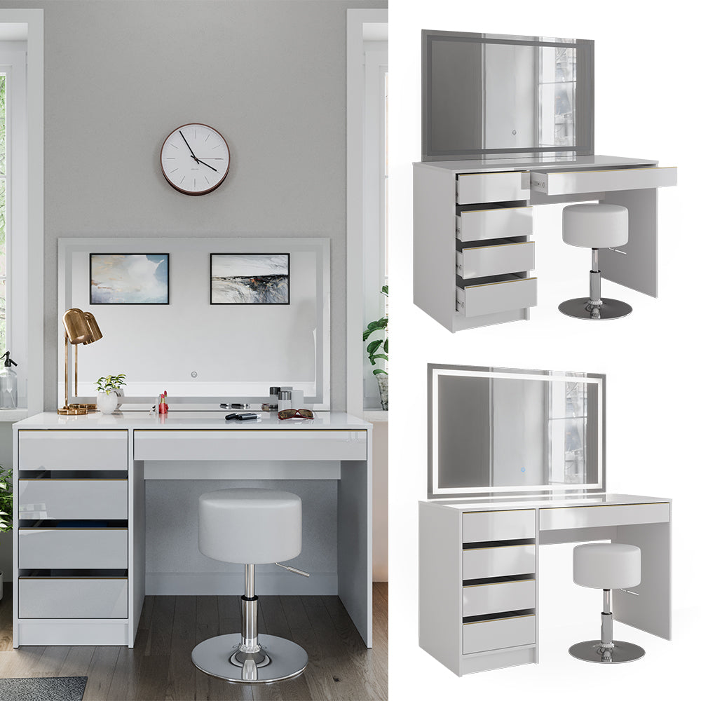 Vicco Tavolino da toilette Bianco/Oro 55 cm con specchio LED e sgabello