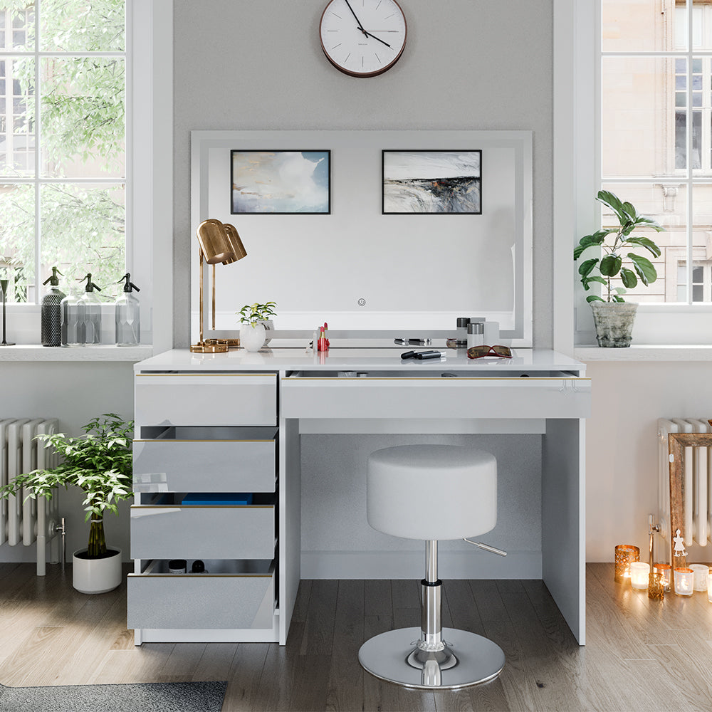 Vicco Tavolino da toilette Bianco/Oro 55 cm con specchio LED e sgabello