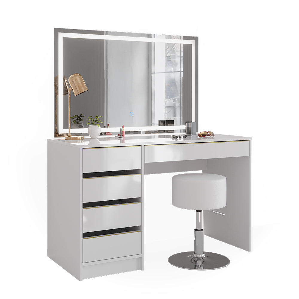 Vicco Tavolino da toilette Bianco/Oro 55 cm con specchio LED e sgabello