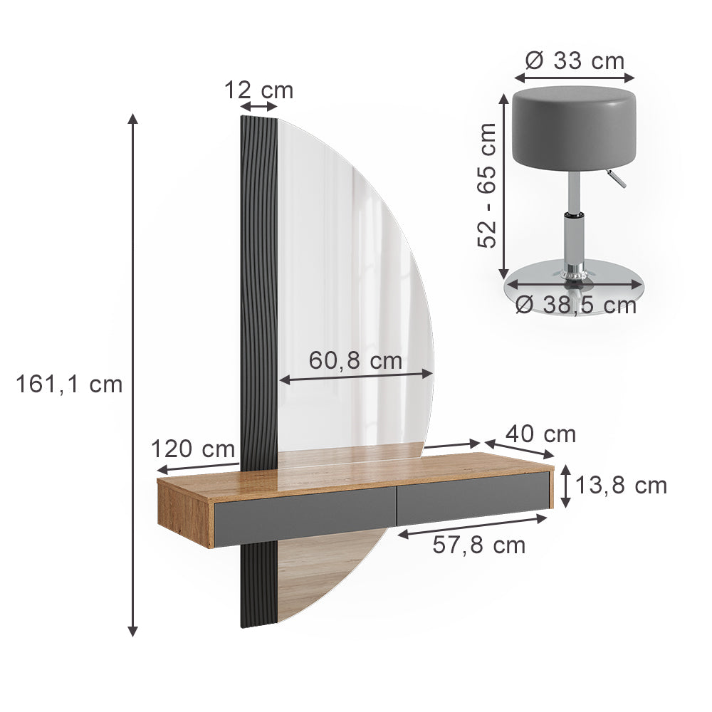 Vicco Tavolo da toilette Grigio 120 cm con illuminazione e sgabello