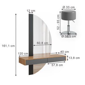 Vicco Tavolo da toilette Grigio 120 cm con illuminazione e sgabello