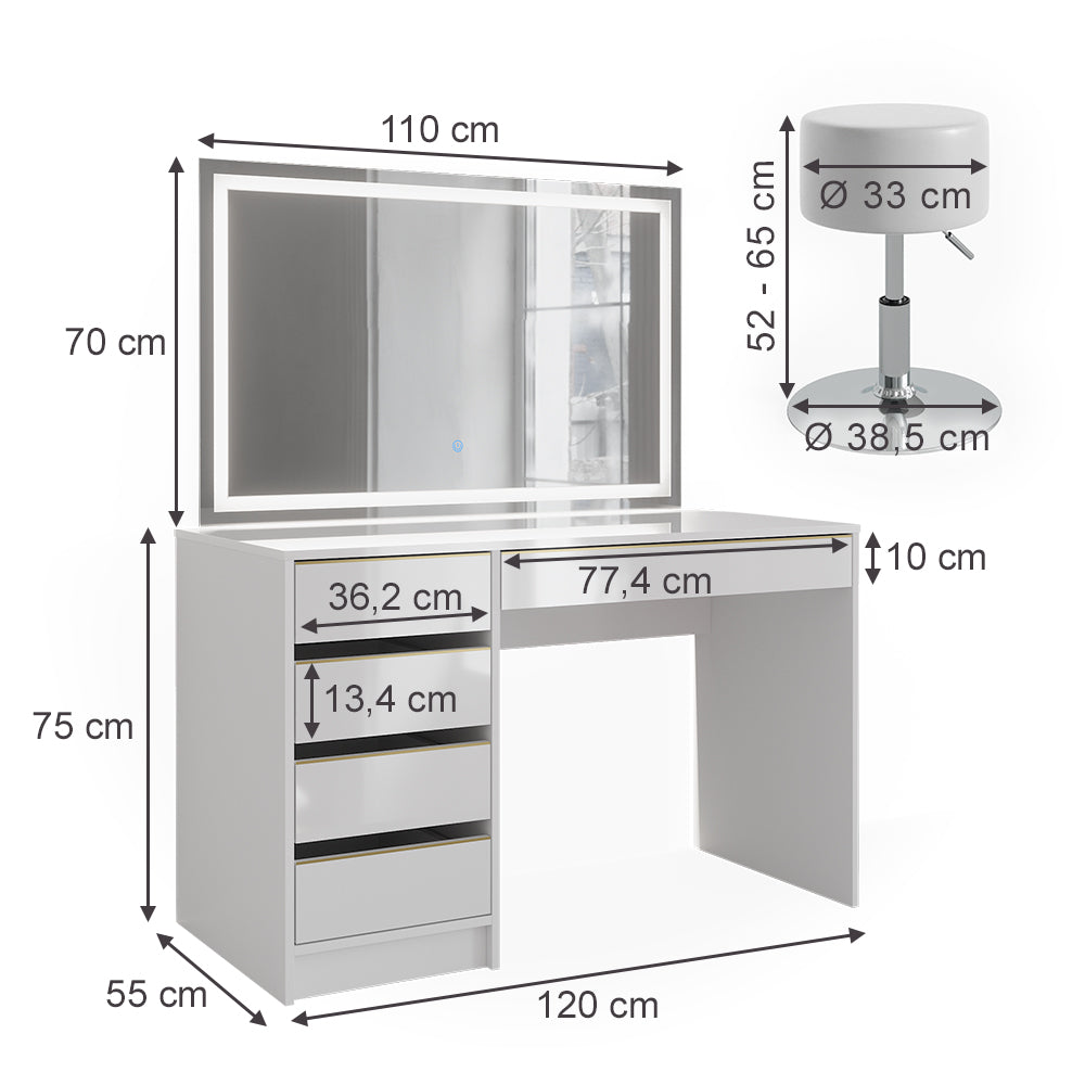 Vicco Tavolino da toilette Bianco/Oro 55 cm con specchio LED e sgabello