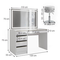 Vicco Tavolino da toilette Bianco/Oro 55 cm con specchio LED e sgabello