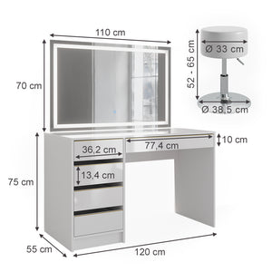 Vicco Tavolino da toilette Bianco/Oro 55 cm con specchio LED e sgabello