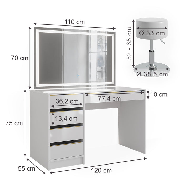 Vicco Tavolino da toilette Bianco/Oro 55 cm con specchio LED e sgabello