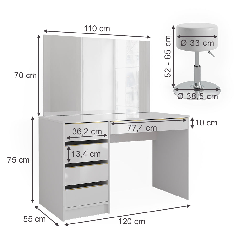 Vicco Set tavolino da toilette Bianco/Oro 55 cm con sgabello