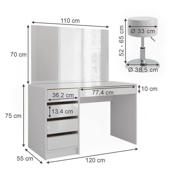 Vicco Set tavolino da toilette Bianco/Oro 55 cm con sgabello