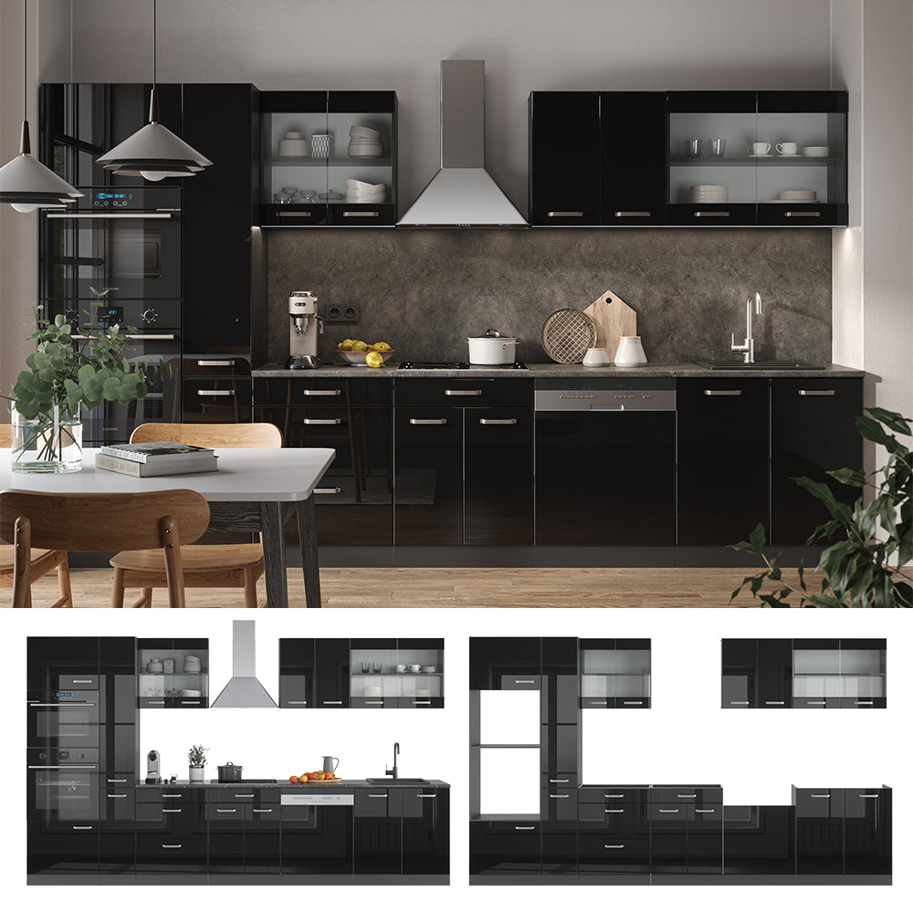 Vicco Mobile da cucina Nero lucido/antracite 350 cm con armadio alto, PL Antracite