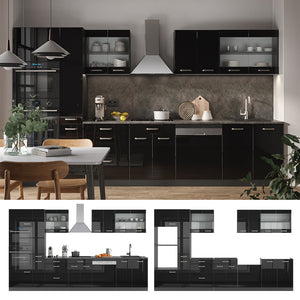 Vicco Mobile da cucina Nero lucido 350 cm con armadio alto, PL Marmo