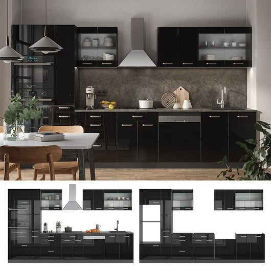 Vicco Mobile da cucina Nero lucido 350 cm con armadio alto, PL Marmo