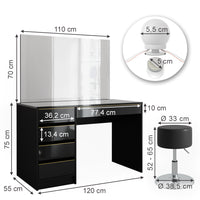 Vicco Tavolino da toilette Nero/oro 120 cm con illuminazione a LED e sgabello