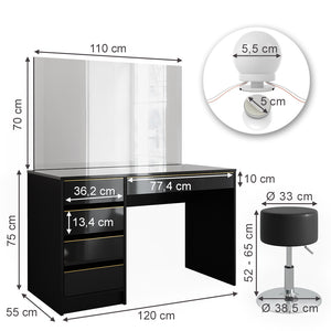 Vicco Tavolino da toilette Nero/oro 120 cm con illuminazione a LED e sgabello