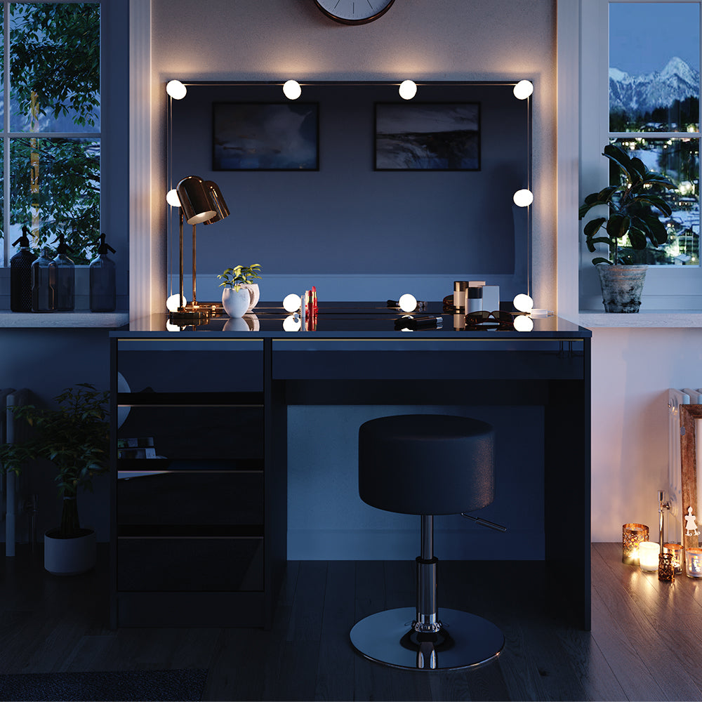 Vicco Tavolino da toilette Nero/oro 120 cm con illuminazione a LED e sgabello