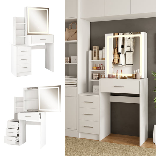 Vicco Tavolo da toilette Bianco 80 cm con specchio a LED