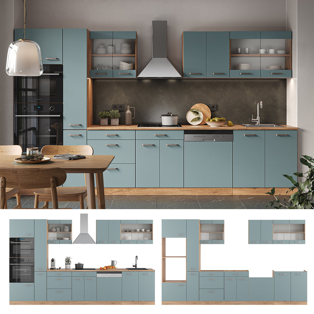 Vicco Cucina Rovere blu-grigio/oro 350 cm con armadio alto, PL Marmo