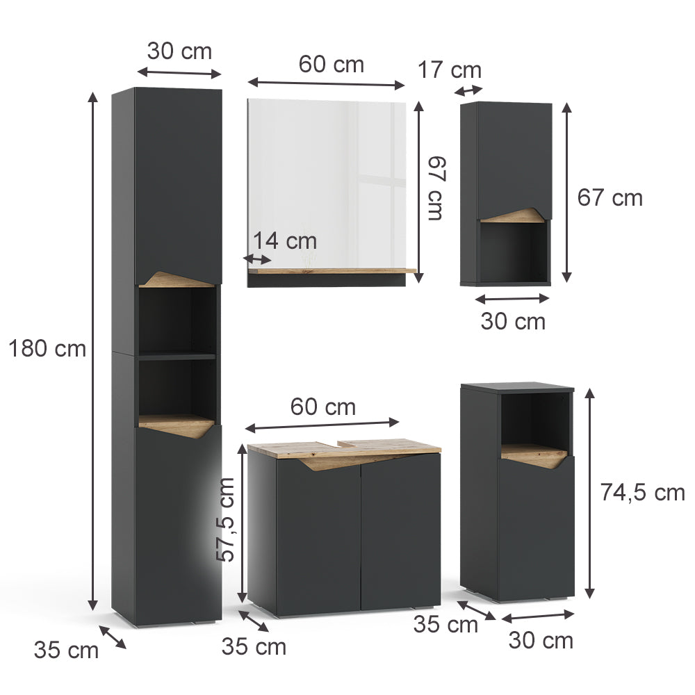 Vicco Combinazione di mobili da bagno Antracite 5 parti