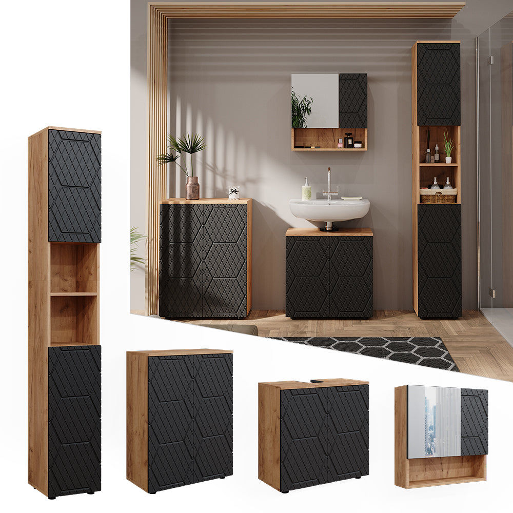 Vicco Set mobili bagno Antracite a righe 4 pezzi, con colonna e cassettiera