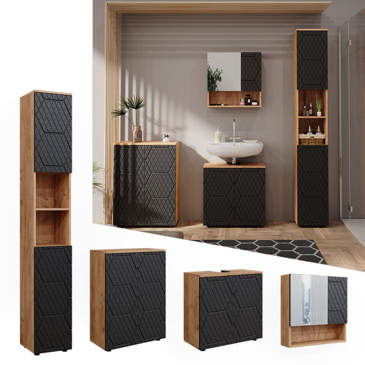 Vicco Set mobili bagno Antracite a righe 4 pezzi, con colonna e cassettiera