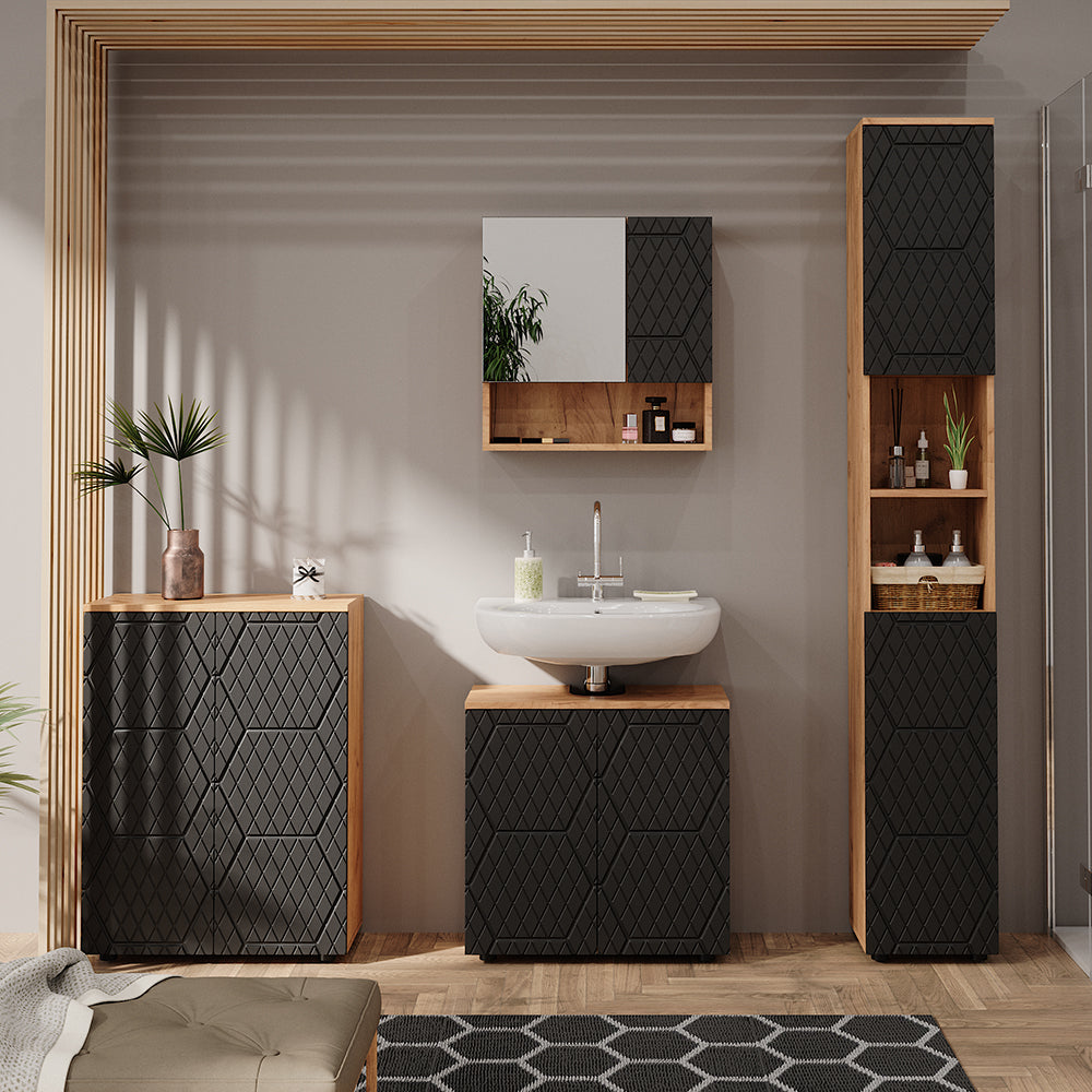 Vicco Set mobili bagno Antracite a righe 4 pezzi, con colonna e cassettiera