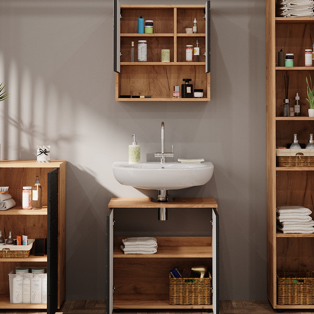 Vicco Set mobili bagno Antracite a righe 4 pezzi, con colonna e cassettiera