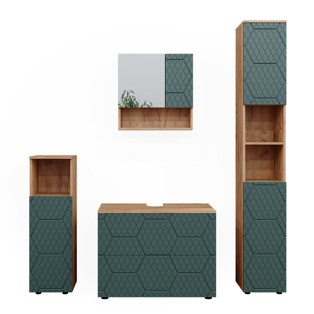 Vicco Set mobili bagno Quercia verde/oro 4 pezzi, con cassettiera e colonna