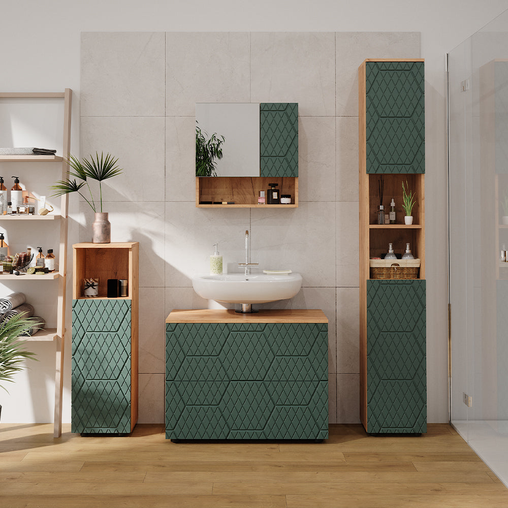 Vicco Set mobili bagno Quercia verde/oro 4 pezzi, con cassettiera e colonna
