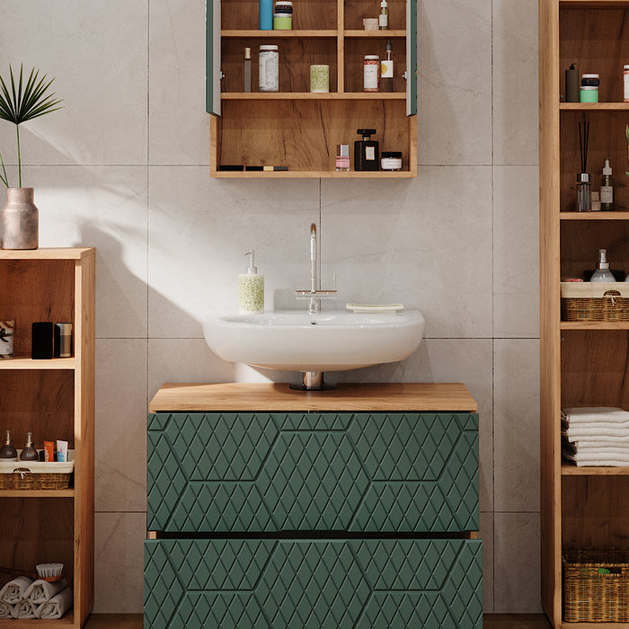 Vicco Set mobili bagno Quercia verde/oro 4 pezzi, con cassettiera e colonna