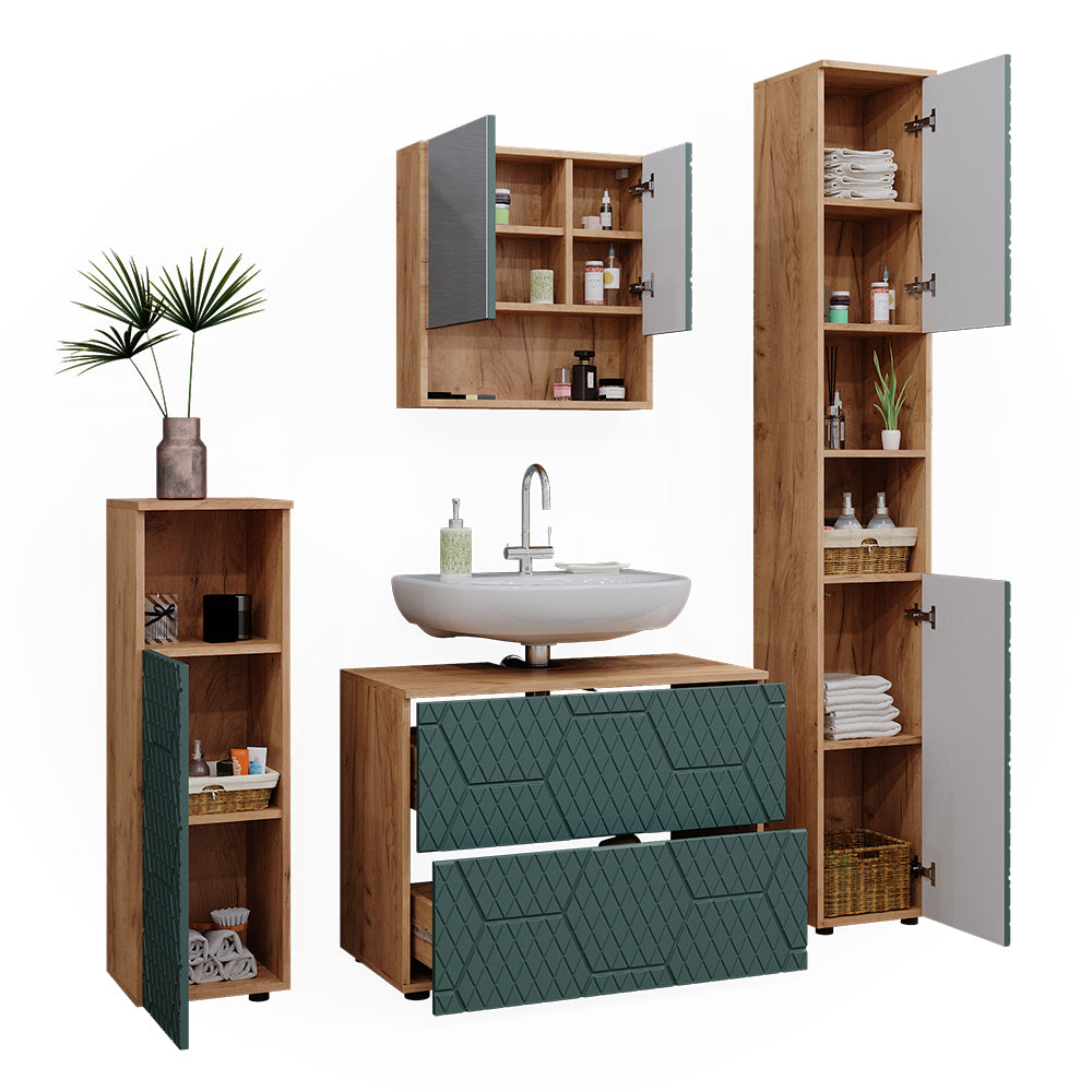 Vicco Set mobili bagno Quercia verde/oro 4 pezzi, con cassettiera e colonna