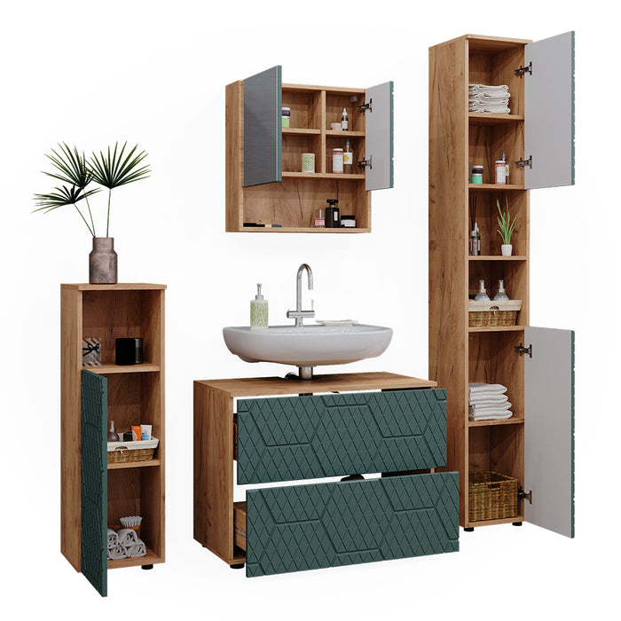 Vicco Set mobili bagno Quercia verde/oro 4 pezzi, con cassettiera e colonna