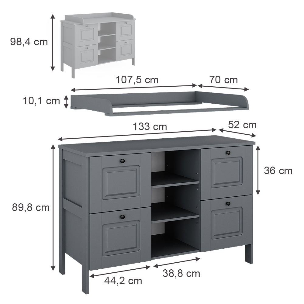 Vitalispa Fasciatoio Grigio 133 x 98.4 cm con 4 cassetti