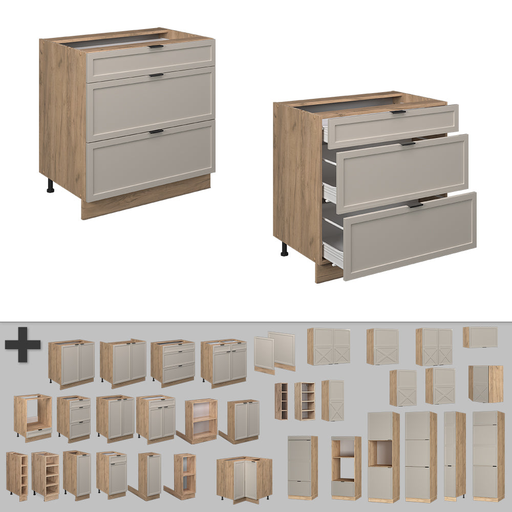 Vicco Mobiletto base per cucina GrigioBeige 80 cm con 3 cassetti, PL Marmo