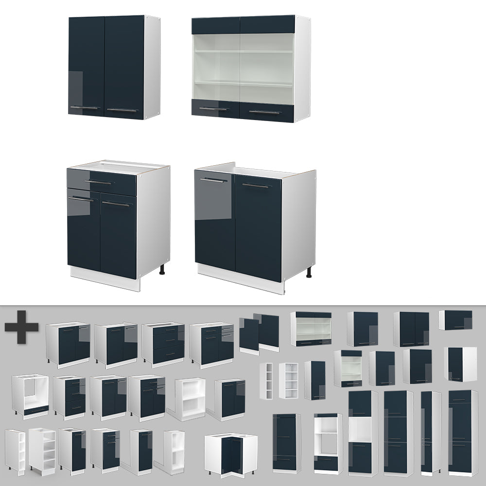 Vicco Cucina singola Blu scuro lucido/bianco 140 cm senza piano di lavoro