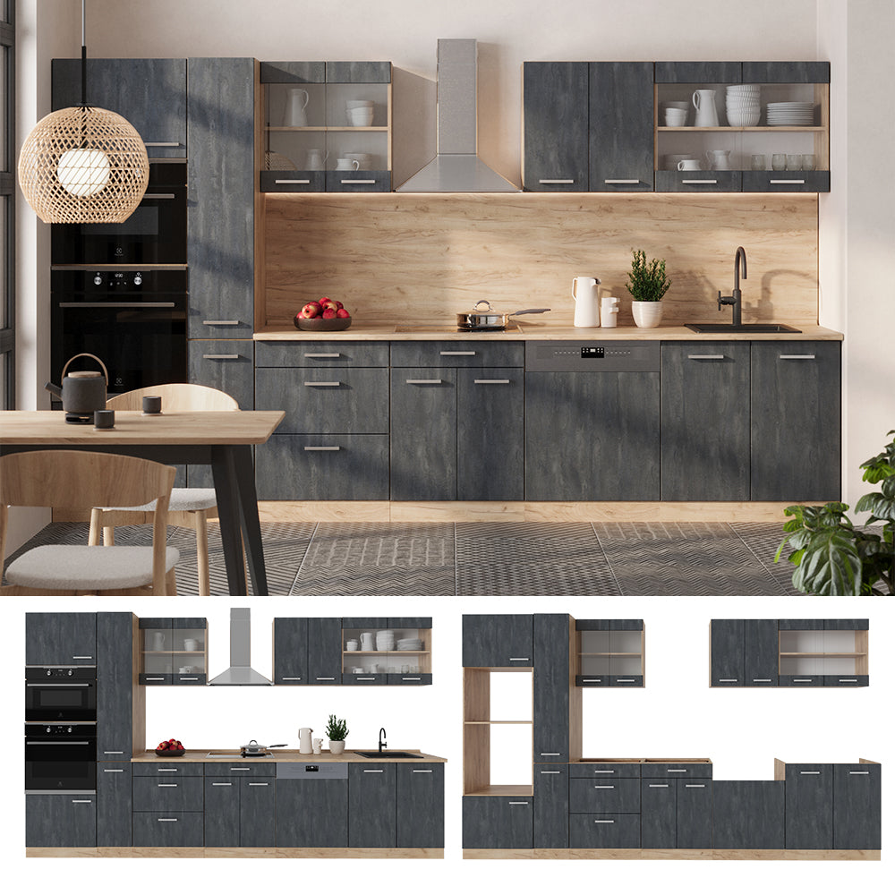 Vicco Cucina completa  Calcestruzzo nero/quercia dorata 350 cm , PL Antracite