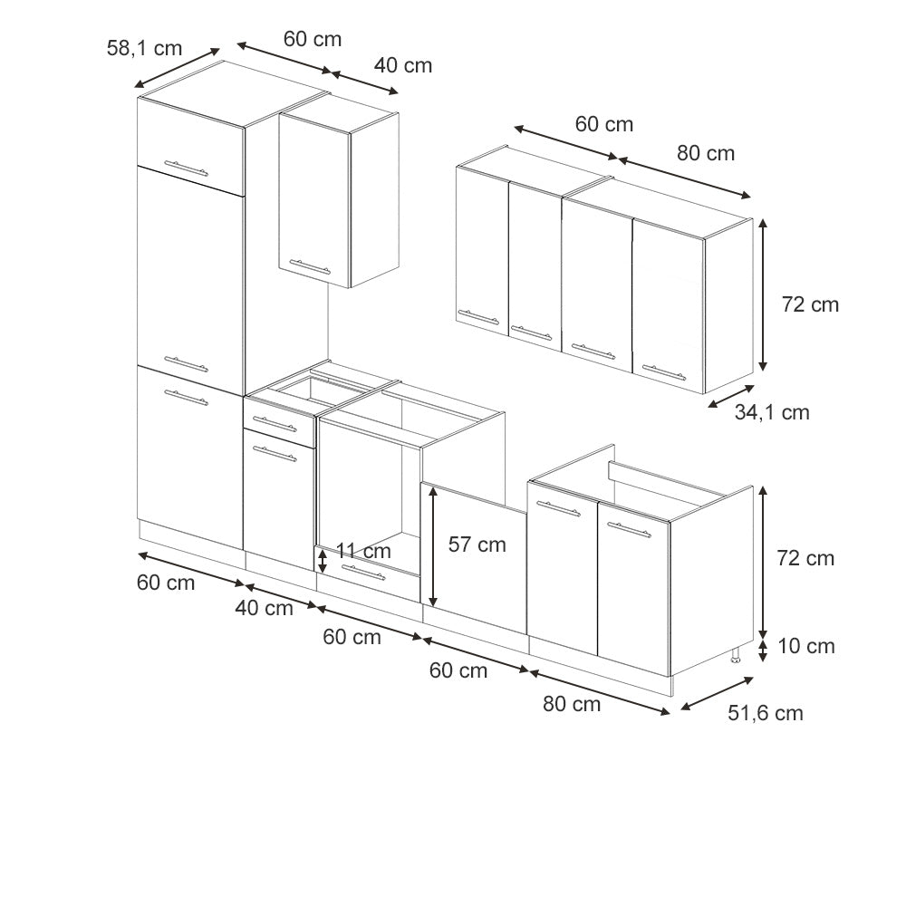 Vicco Cucina componibile Pannello in rovere/antracite 300 cm senza piano di lavoro