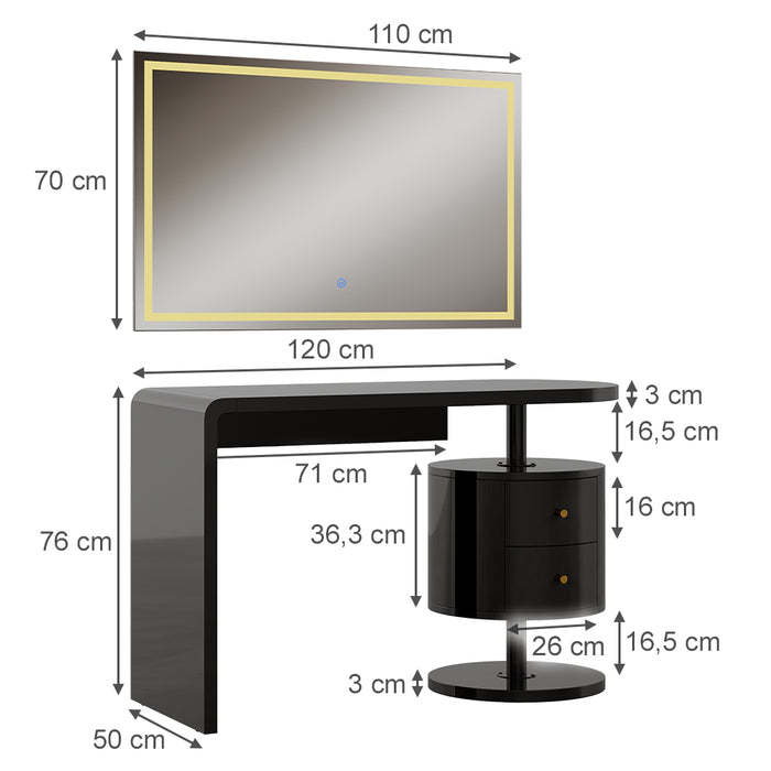 Vicco Tavolo da toeletta Nero lucido 120 cm con specchio a LED