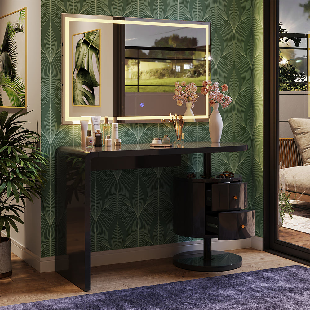 Vicco Tavolo da toeletta Nero lucido 120 cm con specchio a LED