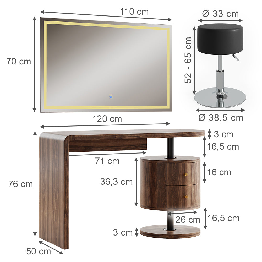 Vicco Tavolo da toilette Rovere rustico 120 cm con specchio LED e sgabello