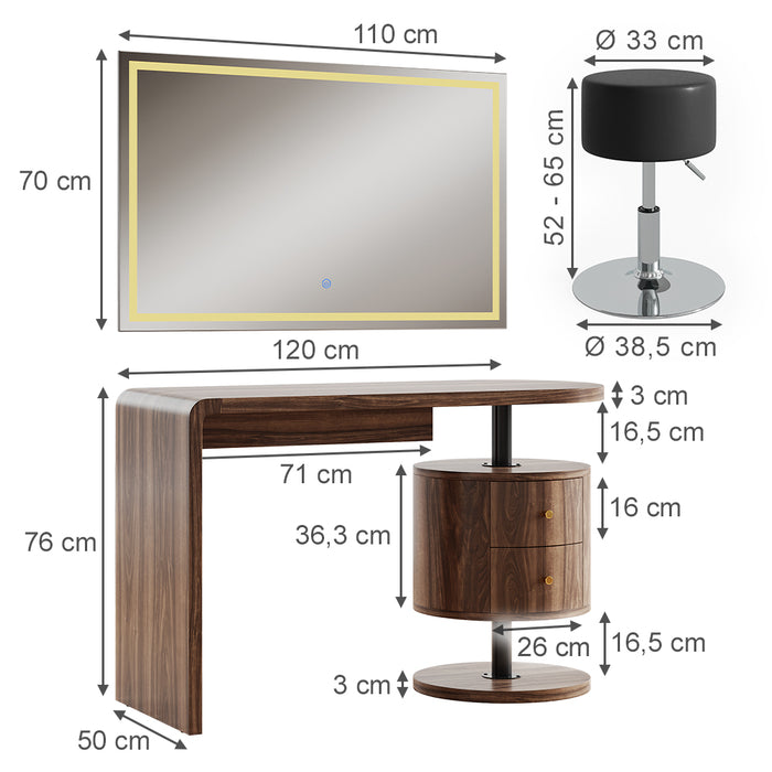 Vicco Tavolo da toilette Rovere rustico 120 cm con specchio LED e sgabello
