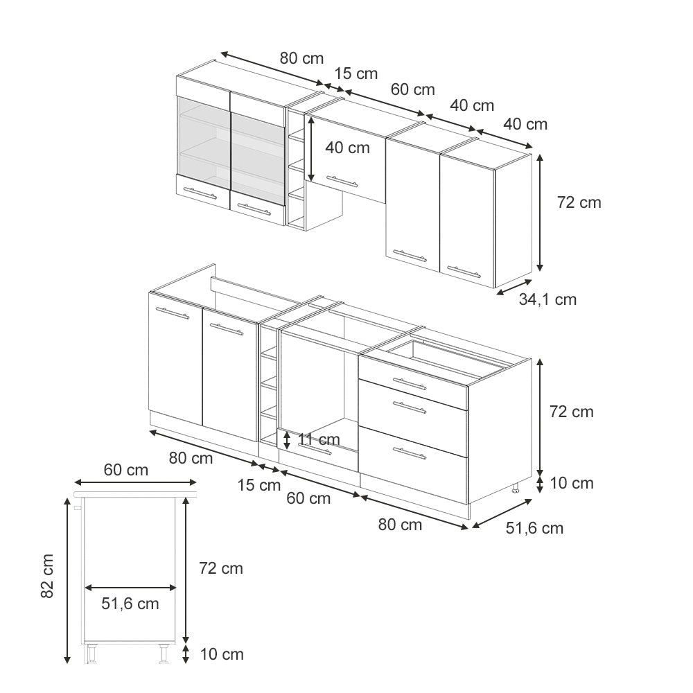 Vicco Mobili da cucina  Blu scuro lucido/bianco 235 cm senza piano di lavoro