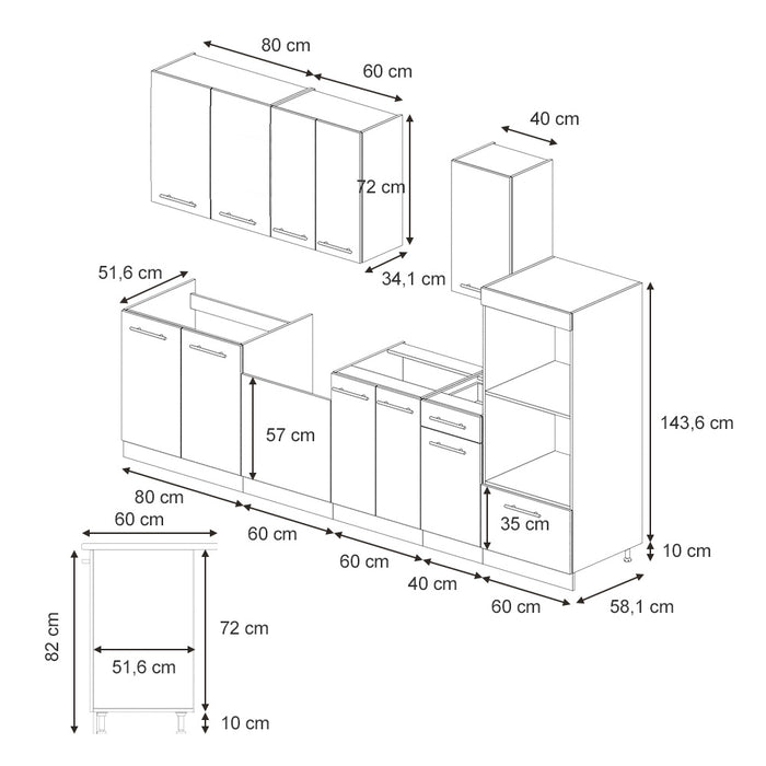 Vicco Cucina componibile Pannello in rovere/antracite 300 cm con armadio alto, PL Marmo